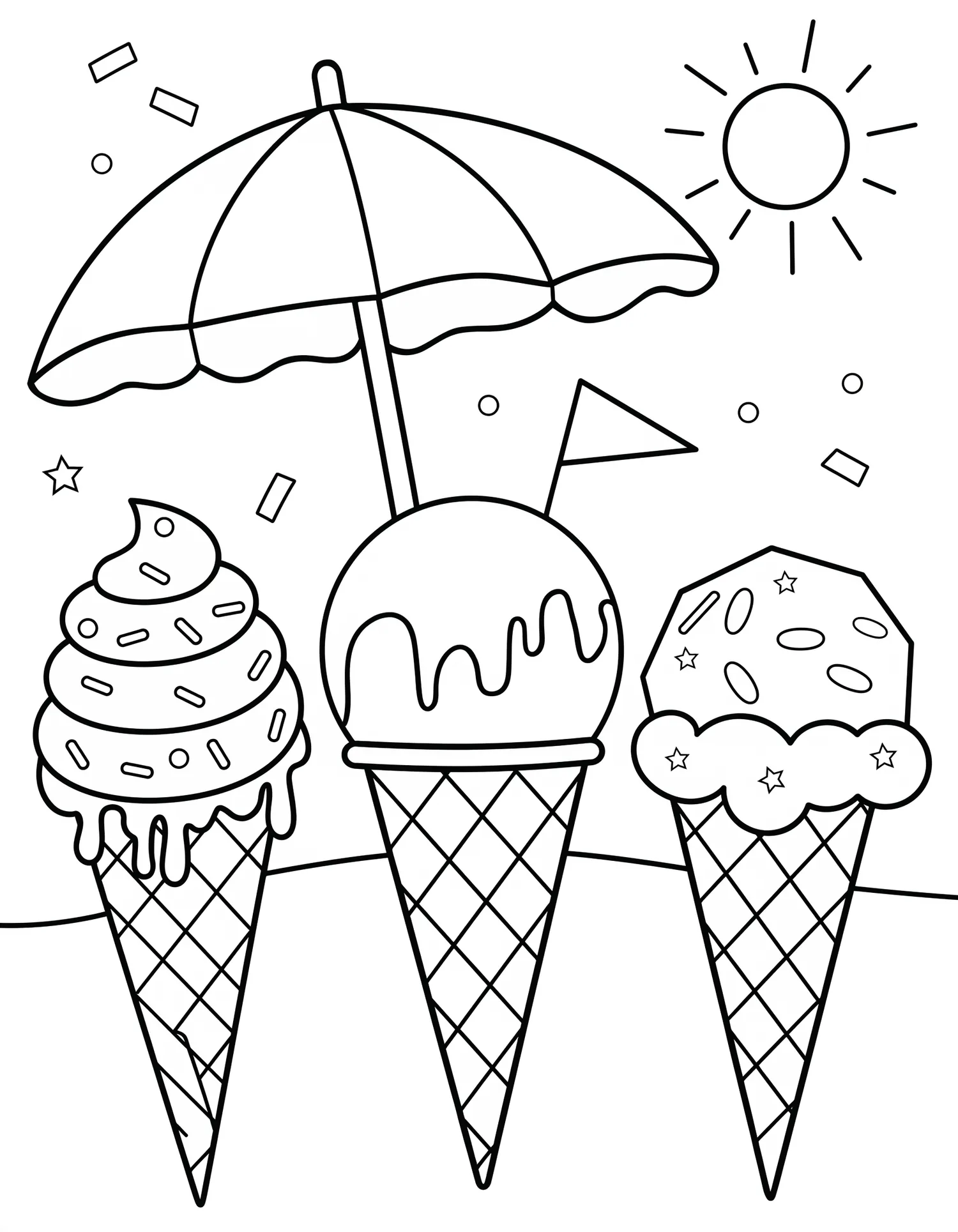 Cornets de Glace en Trio, Coloriage pâtisserie à imprimer gratuitement